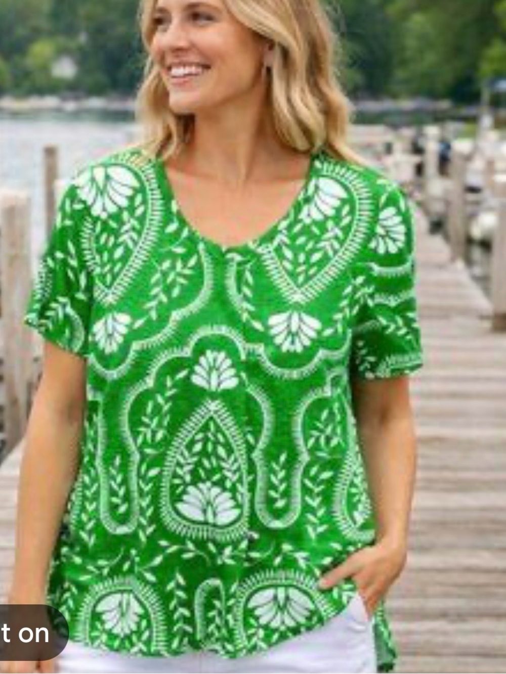 Joie|100% Linen Green and White Printed Short Sleeve Top,size Large•Bright Boho
